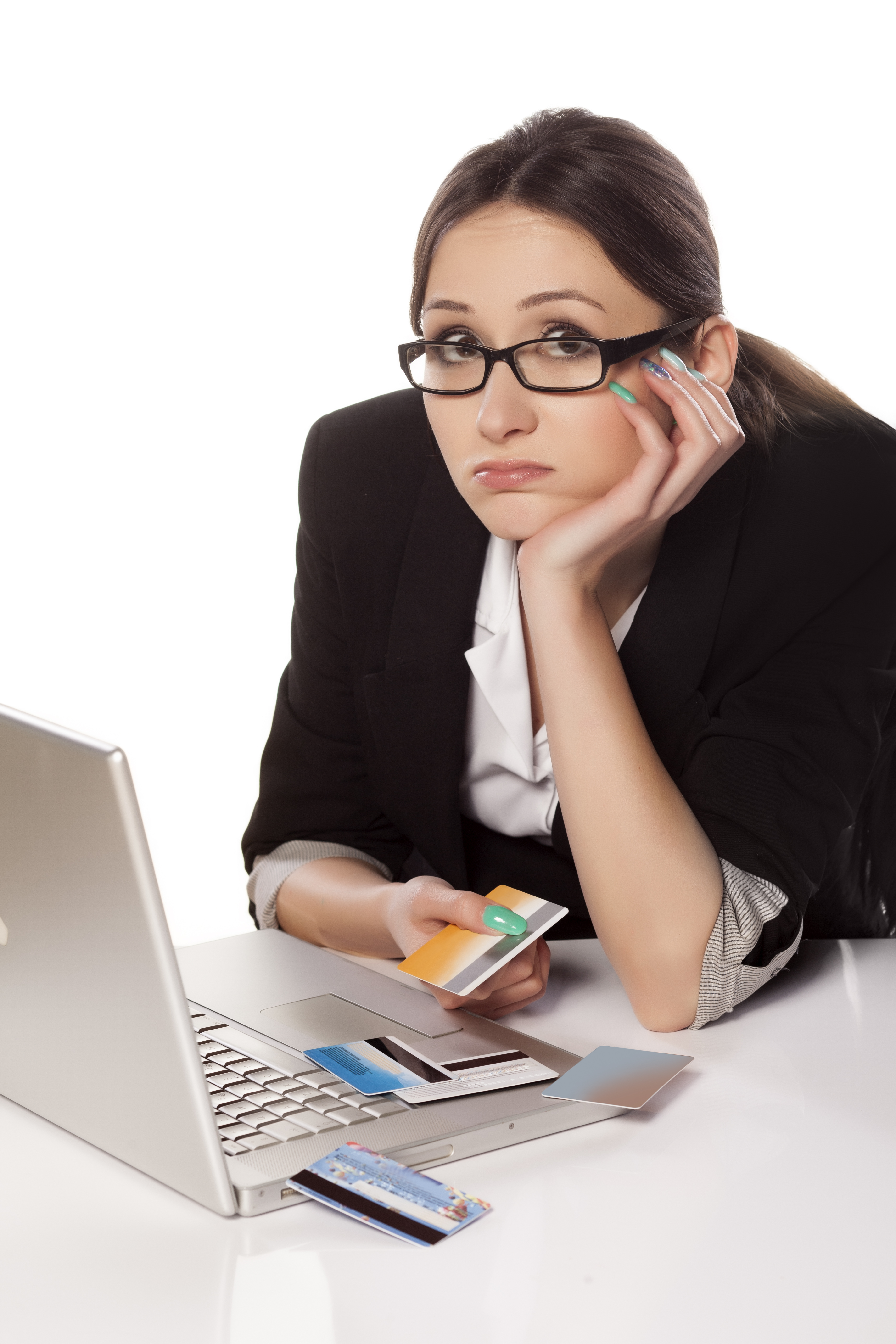 woman, computer, credit cards (overdraft)